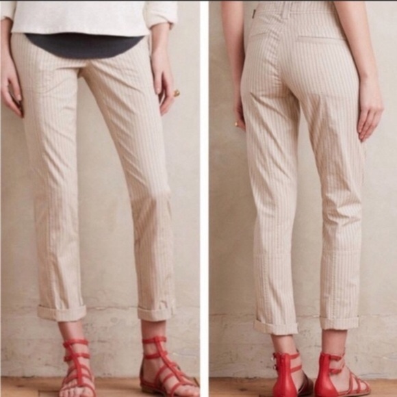 🌸2/$25 Anthro Hei Hei Cream Navy Pinstripe Beachwalker Ankle Length Pants - Picture 1 of 11